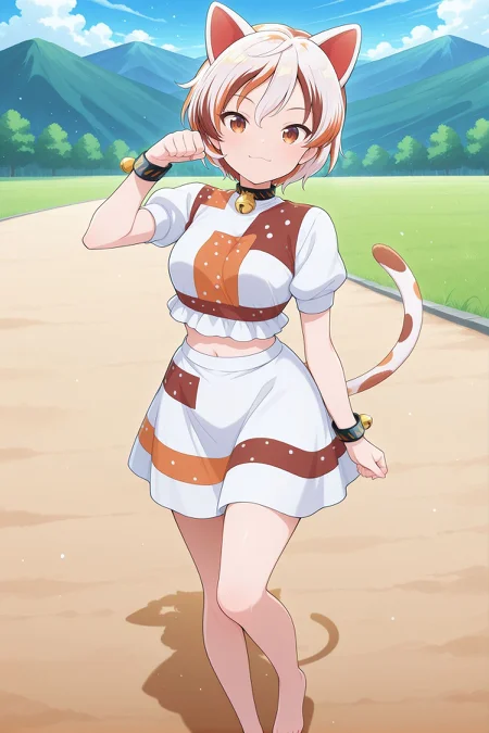 absurdres, highres, masterpiece, best quality, amazing quality, official anime artwork, screencap, anime screencap, outdoors, looking at viewer, light smile, dynamic pose, standing,
 <lora:Mike-Goutokuji_Illustrious:1> goutokuji mike, 1girl, solo, brown eyes, white hair, streaked hair, short hair, cat ears, cat tail, medium breasts,, neck bell, bell, bracelet, white shirt, patchwork clothes, puffy short sleeves, navel, white skirt, barefoot,
:3, paw pose, mountains, day, sky,