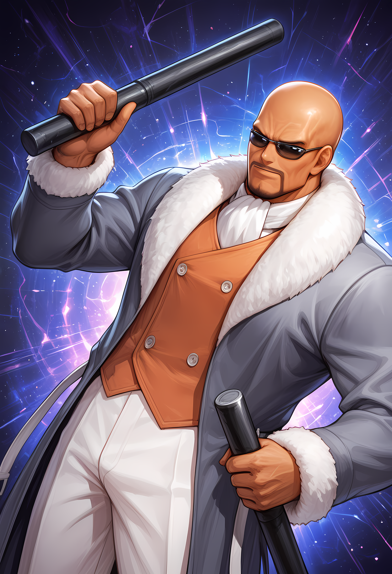 masterpiece, best quality, amazing quality, dutch angle, abstract background, BREAK
1boy, solo, male focus, aof_mrbig, dark skin, bald, sunglasses, facial hair, long grey coat, vest, ascot, fur trim, batons, weapons, BREAK
<lora:cfg_scale_boost:.6>  <lora:Mr._Big_-_Art_of_Fighting_-_ILXL:1>