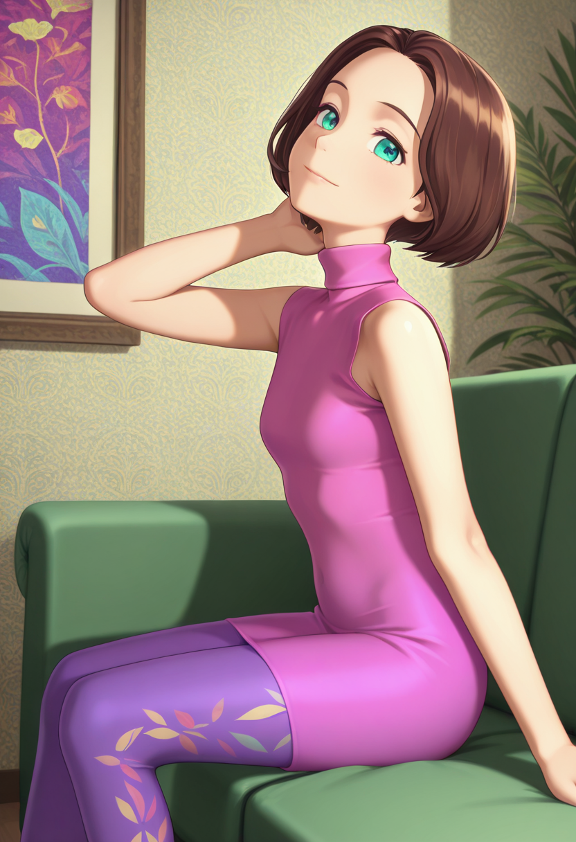 Graphic Design, color art, vibrant colors, colorful, intricate details, high contrast, detailed background, beautiful detailed, beautiful face, detailed eyes, detailed face, new, 1girl, solo, lyub0v, short hair, brown hair, aqua eyes, pink sleeveless turtleneck, leggings, sitting, sofa, room, looking at viewer, light smile, cowboy shot, adjusting hair, head tilt, from side, (masterpiece, best quality, newest, recent, absurdres),