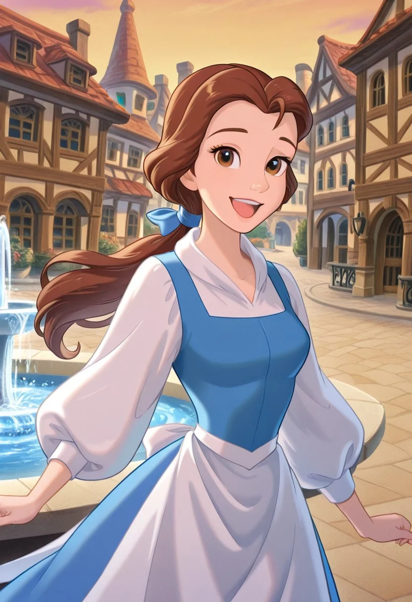 belle, 1girl, brown hair, solo, brown eyes, smile, ponytail, open mouth, long hair, cowboy shot, town, fountain, plaza, blue dress, white shirt, white apron, long sleeves, looking at viewer,
feh,
<lora:Belle_-_Disney_Illustrious (1):1>