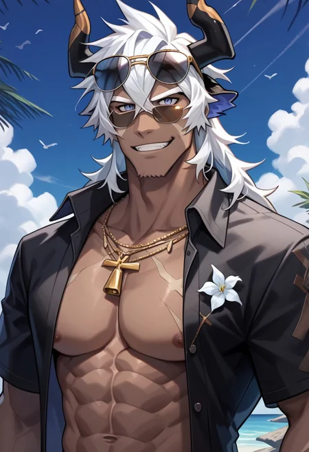 score_9,score_8_up,score_7_up,source_anime, Istvan (Alchemy Stars),solo,looking at viewer,smile,1boy,jewelry,upper body,flower,male focus,open clothes,artist name,necklace,official alternate costume,open shirt,muscular,abs,sunglasses,pectorals,muscular male,bara,eyewear on head,large pectorals,cow ears,cow horns,bare pectorals,cow boy,