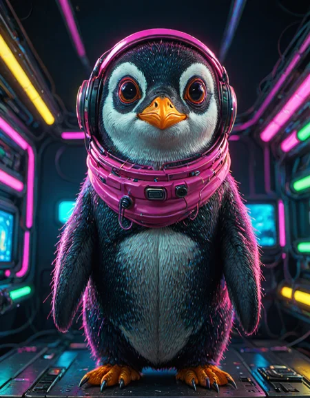 (ombre color scheme of neon pink, neon blue, neon green, neon yellow, neon yellow-red) (in the style of Zdzislaw Beksinski:1.2) (cute:1.25) (anime penguin:1.75) wearing a space helmet sitting at command chair with the lights of the consoles behind, in the style of sci - fi environments, glo - fi, aesthetic, comic, beeple, space background <lora:another-bored-particle:0.55> <lora:add-detail-XL:0.65>, subsurface scattering, ultra hd, 4k, high def, Photorealistic, Hyperrealistic, Hyper detailed, analog style, realistic, masterpiece, best quality, ultra realistic, 8k, Intricate, High Detail, film photography, soft lighting, heavy shadow