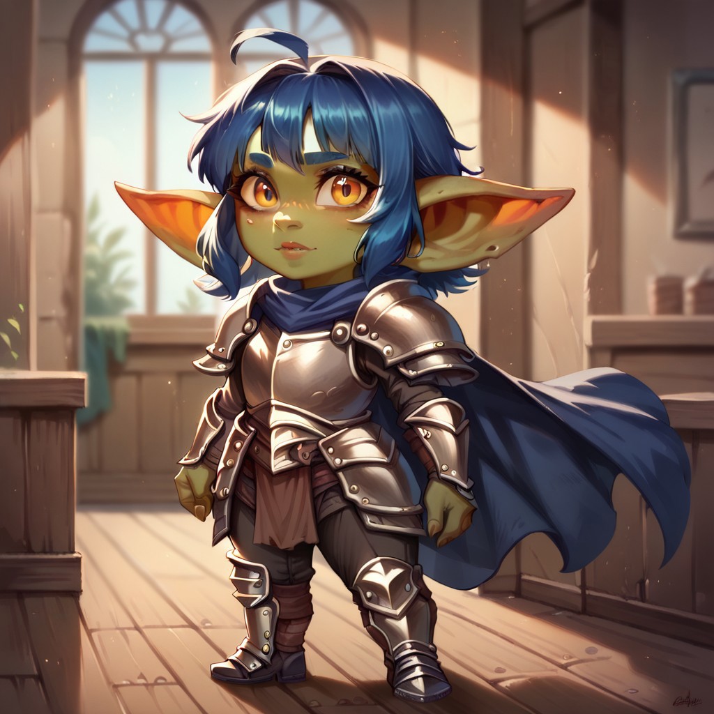 (((detailed, beautiful, high quality))), score_9, score_8_up, score_7_up, solo, full body,
1girl, female focus, dndg0blin, g0b armor, g0b cape, shortstack, 
looking at the viewer, posing, standing,
blurred background, fantasy background, inroom,