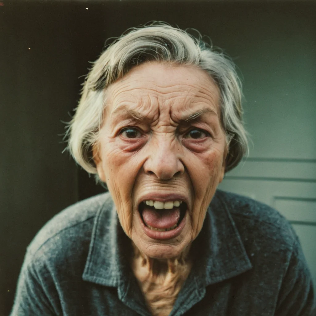 polaroid film photography, faded film, soft focus, elderly woman yelling at viewer