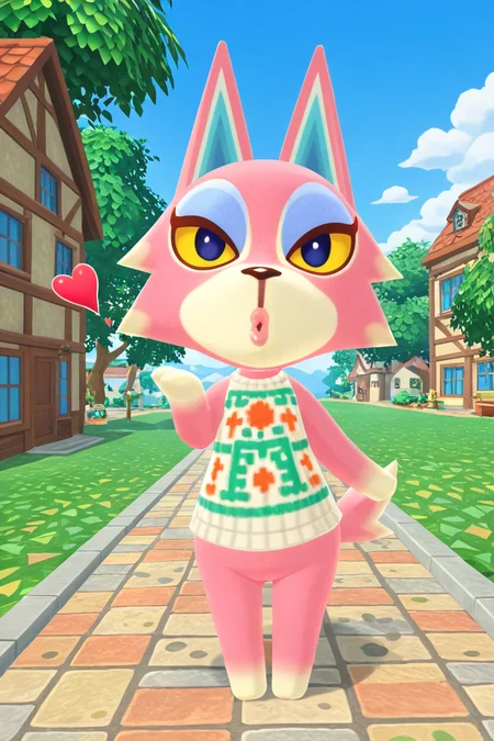 masterpiece, best quality, amazing quality, very aesthetic, high resolution, ultra-detailed, absurdres, newest, animal crossing BREAK 1girl, solo, Fr3ya, anthro, furry female, pink fur, blue eyes, colored sclera, yellow sclera, blue eyeshadow, wolf tail, blowing kiss, heart, puckered lips, o3o, looking at viewer, facing viewer, outdoors, town, buildings, grass, trees