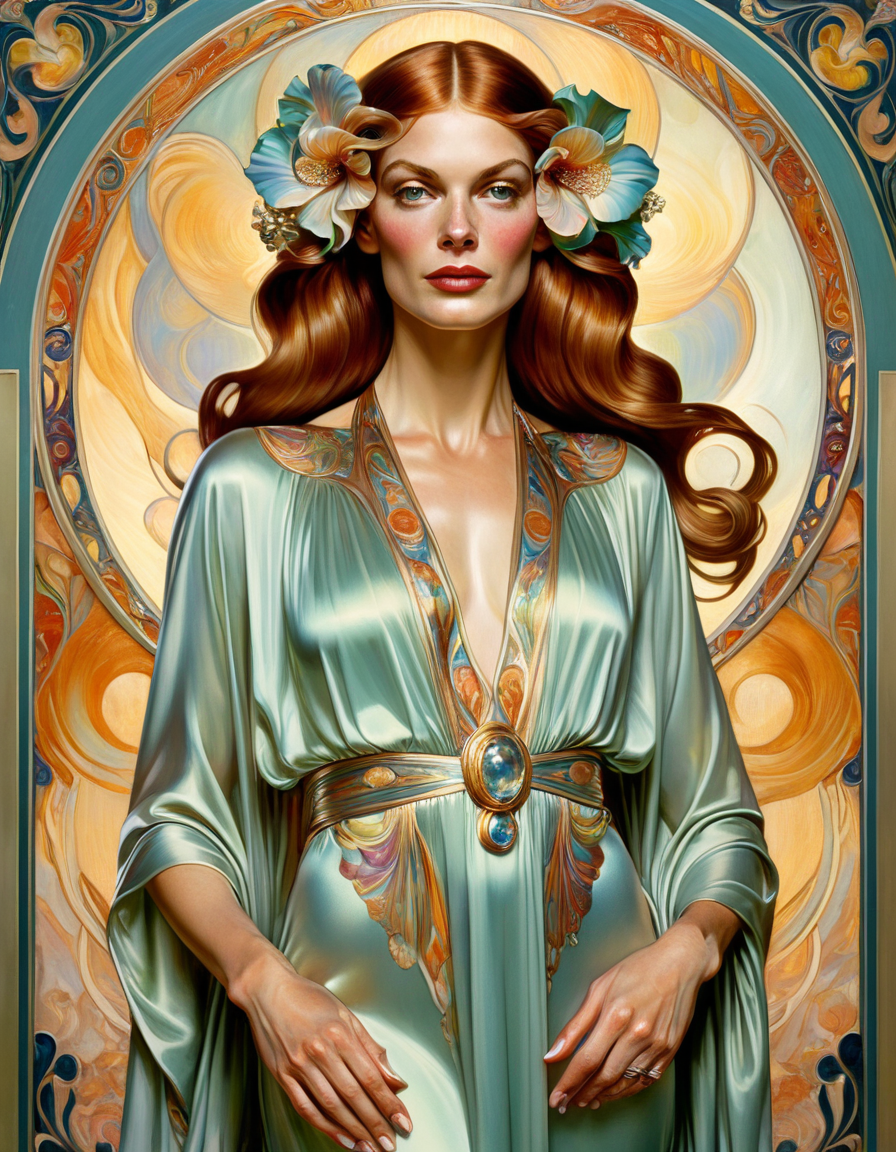 portrait art by J.C. Leyendecker and (Edvard Munch:0.9) , art nouveau art, ral-iricnt, Intuitive, it is dressed in Caftan, Freckles, Fine art, Fantasy, Ethereal Lighting, <lora:ral-iricnt-sdxl:0.85>, gorgeous, fine polished, magical composition, fabulous colors, illustrious, dynamic dramatic beautiful full taking, luxurious, vibrant