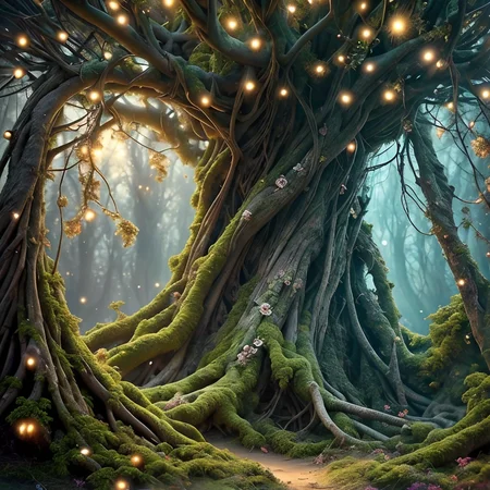 RAW photo, (masterpiece:1.3), subsurface scattering, heavy shadow, (high quality:1.4), (intricate, high detail:1.2), professional photography, HDR, High Dynamic Range, realistic, ultra realistic, photorealistic, high resolution, film photography, ambient lighting, atmospheric effects, <lora:detail_slider_v4:2>, OverallDetail, a huge magical tree with big roots in a fantasy forest with magical lights, godrays, flowers, FeyFa, <lora:FeyAndFairies-10:1>, epiCPhoto