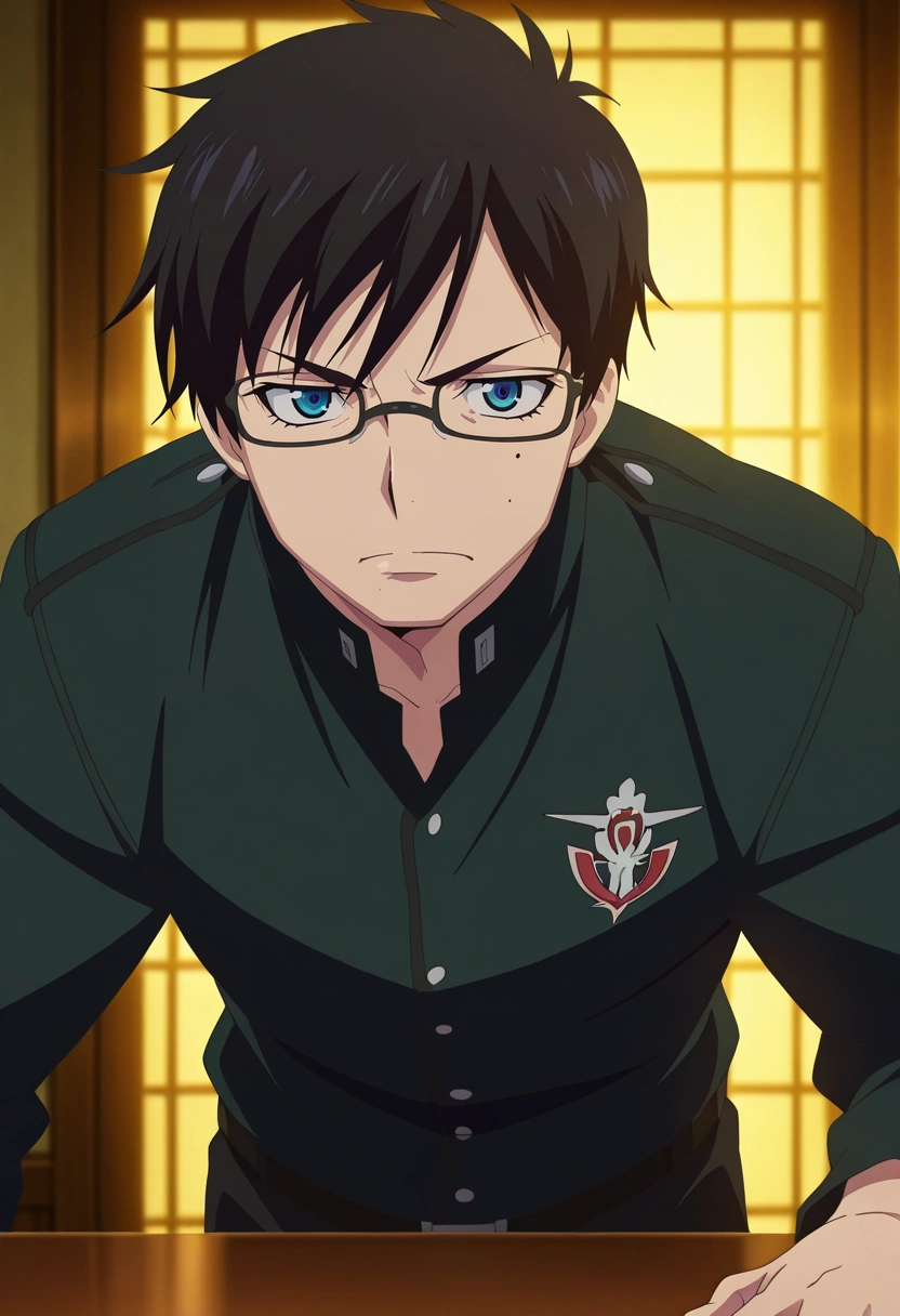 masterpiece, best quality, , anime screencap, anime coloring, official style, , 1boy, solo, male focus, <lora:yukio_okumura_ilxl:0.98>, yukio_okumura, black hair, blue eyes, mole, mole under eye, glasses, black-framed eyewear, hand on table, leaning forward, intense expression, focused pose, natural lighting,