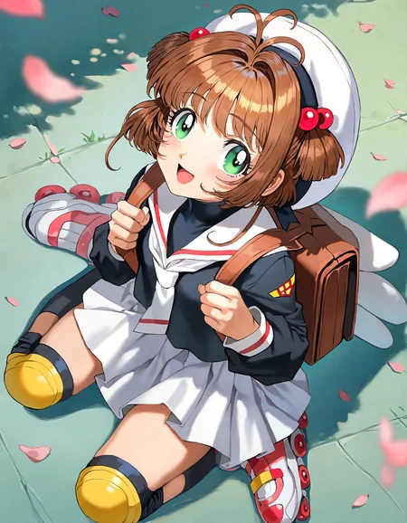 yoneyama mai, rmunakata_(sekimizu_kazuki):1.2,mogudan:0.7, hamada_yoshikazu:0.8 ,toriyama_akira_(style):0.8, quasarcake:0.8,negative space, retro_artstyle, 
masterpiece, highres, absurdres, newest,
roller skates, 1girl, brown hair, kinomoto sakura, white skirt, inline skates, skates, tomoeda elementary school uniform, cherry blossoms, school uniform, skirt, green eyes, white headwear, bag, backpack, open mouth, hat, 1990s (style), petals, short hair, smile,  pleated skirt, hair bobbles, :d, knee pads, bangs, looking at viewer, serafuku, antenna hair, hair ornament,  black shirt, wings, long sleeves, neckerchief, sailor collar, outdoors, shirt, day, looking at viewer, head up, head tilt,from above,
, simple background,
 <lora:ponyv4_noob1_2_adamW:0.5>, <lora:add-detail-xl:0.5>