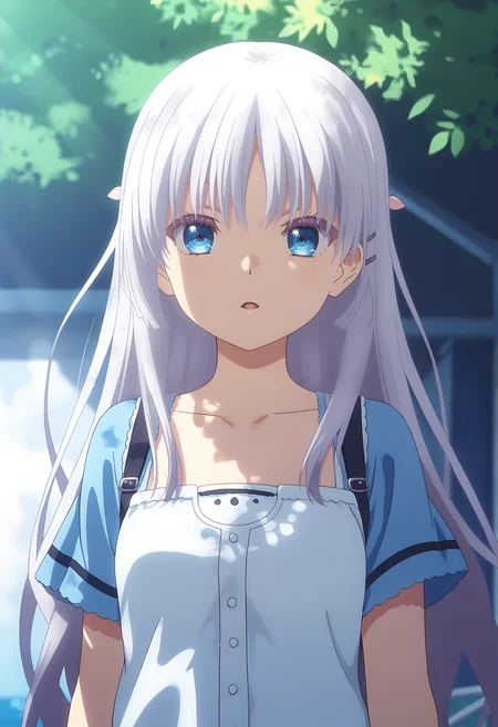 Naruse Shiroha,1girl,solo,looking at viewer,upper body,short sleeves,collarbone,shirt,straight hair,sidelighting,hairclip,blurry,parted lips,open mouth,straight-on,sidelocks,backlighting,white shirt,frills,casual,blurry background,sunlight,outdoors,very long hair,
<lora:Naruse Shiroha_pony-000058:1>