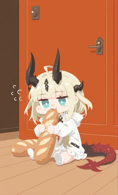 masterpiece, sharp detail, intricate detail, 1girl, reed \(arknights\), chibi, sitting, hugging baguette, munching,  indoors, sitting on floor, <lora:nineface-chibi-noob1-5:1> <lora:illustrious_flat_color_v2:1> flat color, no lineart,