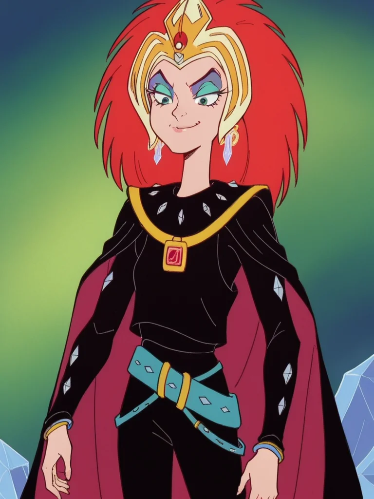 score_9, score_8_up, score_7_up,  1girl, solo,    <lora:Dark_Princess_Pony:1> 1girl, solo, ssdp1, red hair, green eyes, gold headgear, black outfit, long sleeves, diamond studs,  leather pants, red jewel, cape, belt, diamond earrings, eyeshadow, makeup, eyes narrowed, glamorous, regal, smug