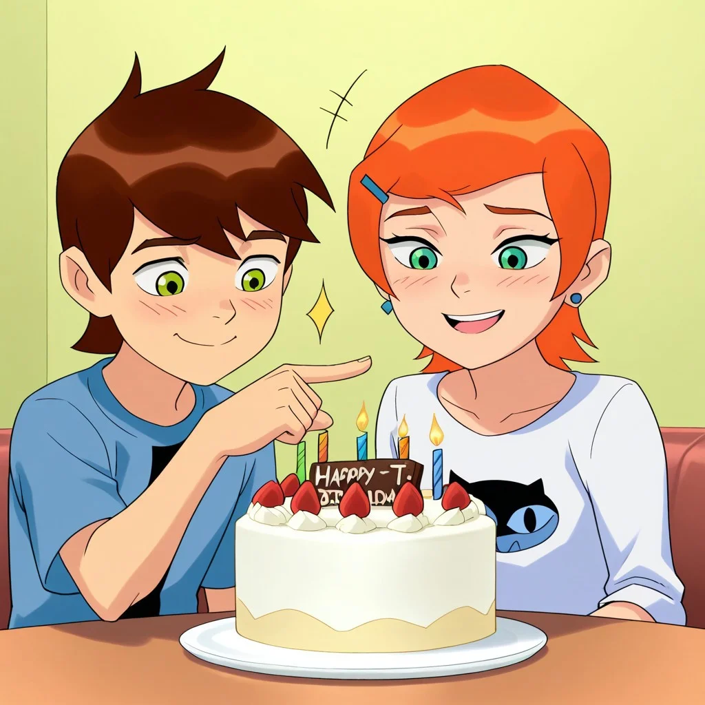 masterpiece, best quality, ben_w_gwen, (1boy, ben_t, brown hair, green eyes), break, (1girl, gwen_t, orange hair, green eyes), celebrating birthday,cake,happy