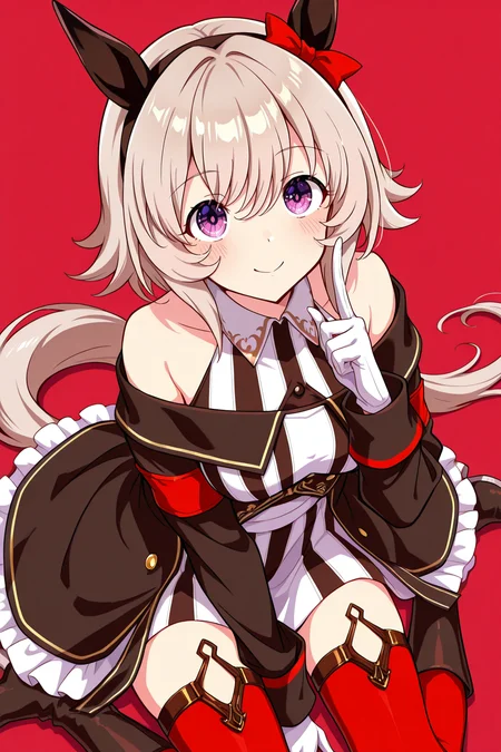 masterpiece,best quality,very aesthetic,absurdres,highres,newest,official art,official style,
1girl,solo,
crc race, curren chan (umamusume),
animal ears, bare shoulders, black coat, coat, gloves,
highres, horse ears, horse girl, horse tail, long sleeves,
off-shoulder coat, off shoulder, red legwear, short hair,
tail, white gloves, blush, ear covers, grey hair, hair between eyes,
red thighhighs, striped, thighhighs, violet eyes, black dress, boots, dress,
thigh-highs, ear ribbon, red ribbon, ribbon, white hair, black hairband,
bow, ear bow, hairband, red bow, off-shoulder dress, purple eyes,
striped clothes, striped dress, white dress, bangs, black jacket,
eyebrows visible through hair, jacket, vertical-striped dress, vertical stripes,
silver hair, collared dress, off-shoulder jacket, sleeveless, sleeveless dress,
eye_focus,<lora:eye_focus:1>,
<lora:umamusume_curren_chan_ill_v1.0:1>,