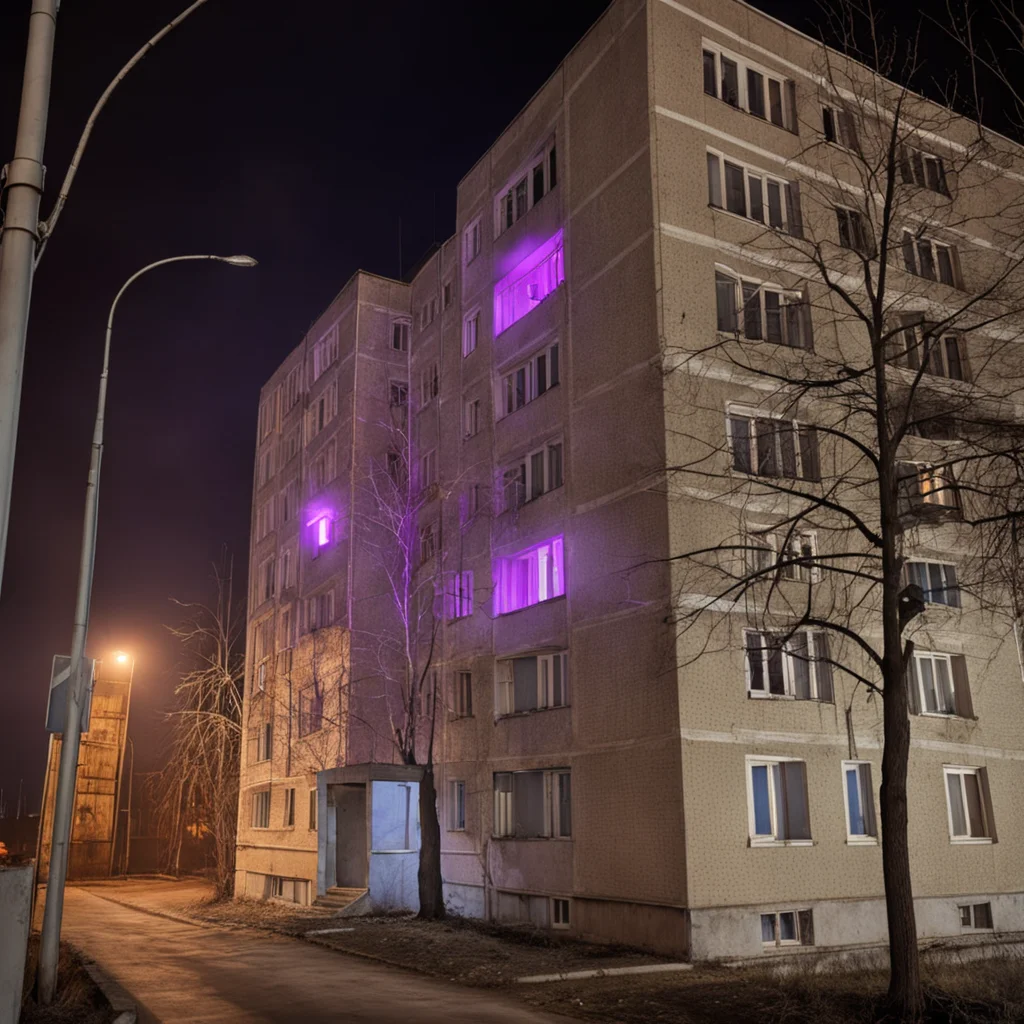 Under the cloak of night, this image presents a large, Soviet-era residential building in a Russian suburb, its facade a grid of windows with many darkened, suggesting vacancy or slumber. Amidst the gloom, a trio of windows is bathed in a stark purple light, casting an otherworldly glow that stands out against the austere architecture. Leafless trees silhouette the building, their spindly branches contributing to the unsettling atmosphere. The street sign and sparse lighting suggest an environment of urban neglect, while the building's imposing presence looms over the scene, encapsulating the bleakness and forlorn character of the surroundings. Russian suburbs, night, Soviet-era, residential building, purple light, urban neglect, bleakness, leafless trees, street sign, imposing structure, eerie, forlorn, film grain professional 35 mm photo, tumblr <lora:dark slav suburbs_v0.0.1-15:0.75>