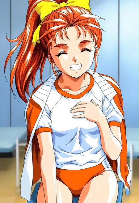 <lora:Saotome_Yumi_PONYXL:1>, masterpiece, best quality, 1990s (style), 1girl, solo,
Saotome_Yumi, brown eyes, orange hair, hair bow, high ponytail, long hair, small breasts,
teeth, grin, happy,
gym uniform,white shirt, short sleeves, dark blue buruma, hand own chest, orange gym uniform, open jacket, jacket on shoulders, annoyed,
indoor, training room, manga effect vectors,