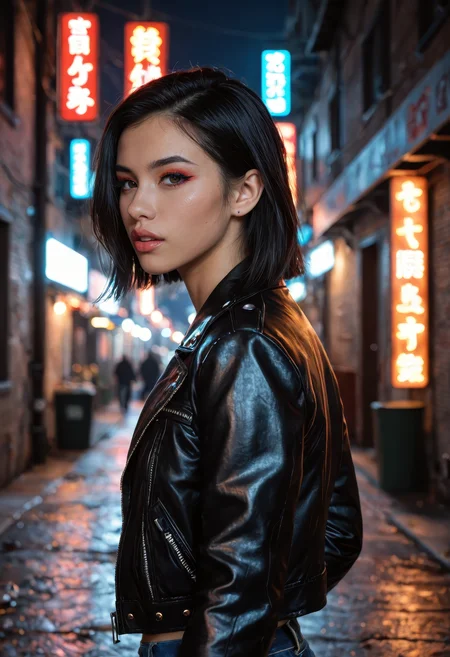 score_9, score_8_up, score_7_up, RAW fashion portrait of a Asian girl with short jet-black hair and heavy eyeliner, neon signs reflecting on her face, wearing a leather jacket, captured in an alley at night, moody urban lighting, glowing red and blue tones, confident expression, parted lips, cinematic shadows, grungy textures, blurred city bokeh behind her, high-resolution, gritty elegance, super-detailed editorial composition, edgy and modern