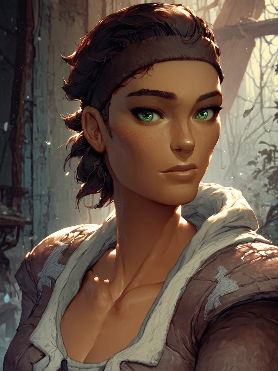 score_9, score_8_up, score_7_up,
beautiful athletic alyx_vance, cheekbones, looking at viewer, portrait, dark skin, collarbones,
<lora:cutesexyronutts_style_xl:0.8> <lora:Fant5yP0ny:0.8> <lora:Alyx:0.8>