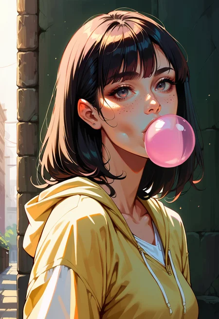 score_9, score_8_up, score_7_up, score_6_up, score_5_up, score_4_up, 1girl, anime style, wearing a sweatshirt, bubble blowing, bubblegum