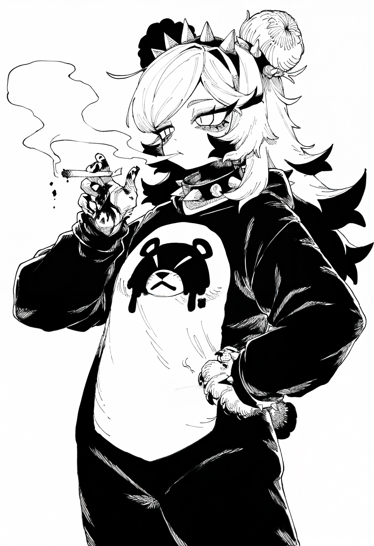 1girl, solo, long hair, double bun, swept bangs, long eyelashes, spiked hairband, spiked collar, sharp bangs, bear onesie, bear paws, 
blood on hands, holding cigarette, blowing smoke, standing, hand on own hip,
masterpiece, best quality, amazing quality, absurdres, newest, 
 <lora:HB_091:0.8>
