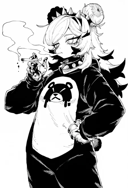 1girl, solo, long hair, double bun, swept bangs, long eyelashes, spiked hairband, spiked collar, sharp bangs, bear onesie, bear paws,
blood on hands, holding cigarette, blowing smoke, standing, hand on own hip,
masterpiece, best quality, amazing quality, absurdres, newest,
<lora:HB_091:0.8>