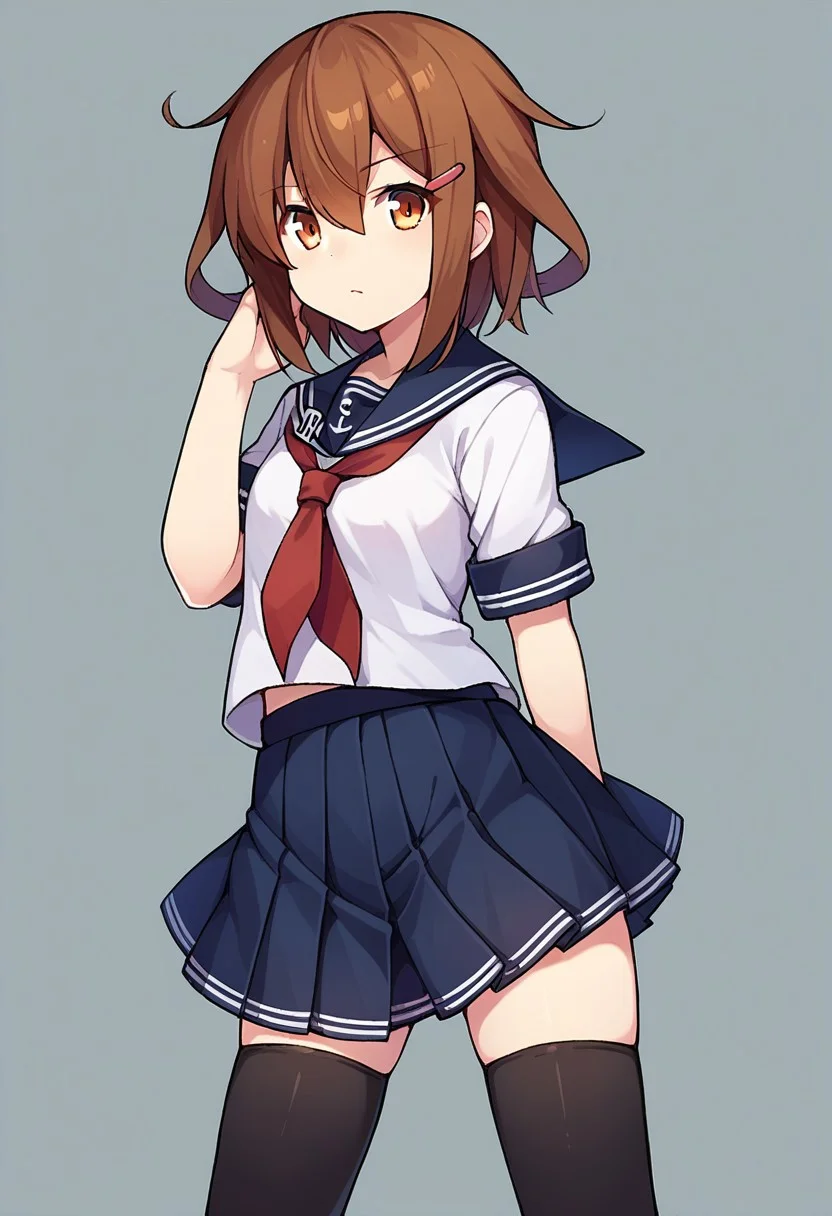 score_9, score_8, score_7, source_anime, ikazuchi (kancolle), hairclip, neckerchief, skirt, red neckerchief, pleated skirt, anchor symbol, serafuku, sailor collar, thighhighs, black thighhighs