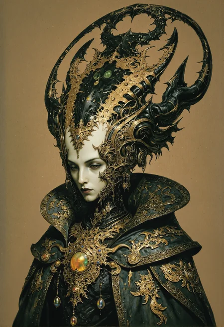 A regal, futuristic portrait of a serene female figure with a pale, porcelain-like face and delicate features, exuding an air of mystery and grace. Her head is adorned with an intricately designed, ornate headdress made of black and gold filigree, resembling a fusion of baroque artistry and advanced technology. The headdress curves elegantly around her head, with subtle details of cosmic symbols and golden patterns etched into its surface, glowing faintly as if imbued with mystical energy. Her downcast gaze and long, dark lashes lend a meditative and introspective aura to her demeanor, while a single golden ornament dangles delicately from her cheek, accentuating her otherworldly beauty.  Her clothing is equally detailed, featuring a high-collared black garment with textures resembling a mix of leather and fine silk, embellished with golden embroidery that flows organically like veins of liquid gold. A prominent, glowing pendant rests at her chest, encased in a complex, mechanical design that hints at a balance between ancient elegance and futuristic functionality. The background is minimalist, a soft gradient of warm beige tones that draws all focus to her striking presence. The composition captures a perfect blend of high fashion, timeless elegance, and advanced sci-fi aesthetics. <lora:frazetta_flux_v2-000150.safetensors:0.4>,  <lora:Flux_-_Renaissance_art_style.safetensors:0.4>,  <lora:flux.1_lora_flyway_Epic-Characters_v1.safetensors:0.3>,  <lora:flux.1_lora_flyway_Epic-detail_v2.safetensors:0.6>,  <lora:Warhammer_Rogue_Trader_Style_flux-000021.safetensors:0.5>,  <lora:Elden_Ring_-_Yoshitaka_Amano.safetensors:1.0>,  <lora:Movie_Portrait.safetensors:0.5>,  <lora:- Flux1 - soothing_atmo_V2.0.safetensors:0.2>,