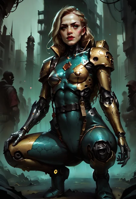 score_9, score_8_up, score_7_up, score_6_up, source_anime, w4rh4mm3r style oil painting, grimdark, petite skinny blonde woman, wearing tight (stealth) body suit with hexagonal pattern, cybernetic arms, crouched on the top of a building overlooking a ruined city, concept art, realistic, dark theme, low light