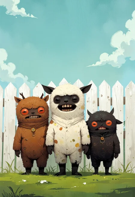 fugglers, A medium-close-up view of three different colored alpacas standing in a grassy field. They have longer hair and look very fluffy. The alpaca on the left is facing the camera, while the other two are facing the right. They are all facing the same direction, and their bodies are slightly angled to the left. The back of the alpaca is slightly angled towards the left side of the image, and the front of the one on the right is facing towards the right side. Behind them is a white fence, and in the background is a blue sky with white clouds. CreeepyCuteMagic, ppstorybook