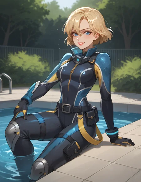 score_9,score_8_up,score_7_up,score_6_up,1girl,solo,gloves,bodysuit,belt,lying in pool,water,submerged,thigh knee boots,blonde hair,short hair,black shorts,lipstick,blue eyes,medium breasts,thigh pouch,knee pads,looking at viewer,diving suit,smiling,2d,anime, <lora:MyTrainings\Temp\Catalyst_Stellar_Swimmer_XL_Pony.safetensors:0.5>