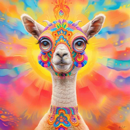 Radiant, big-eyed alpaca. at Sunset, abstract art by Anne Truitt, Synthetism, psychedelic colors, psychadelicchaos, psychadelic, sharp focus, highly intricate, full color, confident, intricate artistic color, handsome