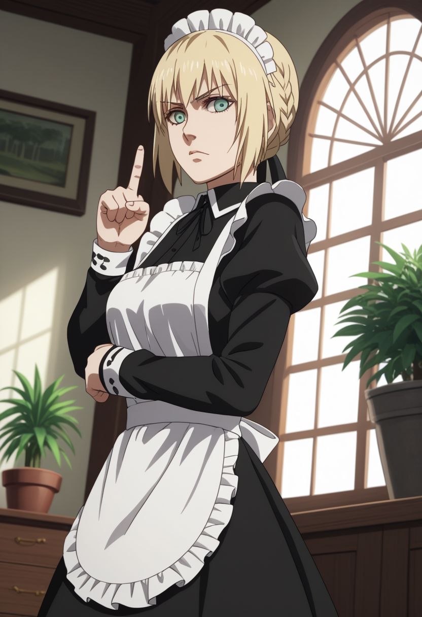 ffxv style, 1girl, clothed, saber alter, indoors, potted plant, window, sunlight, by kasumi \(skchkko\), looking at viewer, serious, dutch angle, maid uniform, braid, double middle finger,, anime coloring, 2d, flat coloring, cel shading, cel shaded BREAK  PonyXLV6_Scores