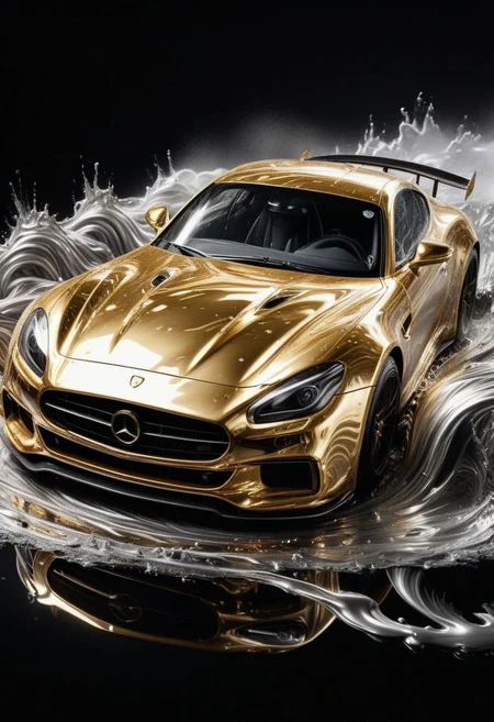 GOLD LIQUID METAL sports car, race car, racing through SILVER LIQUID METAL, liquid metal sprays up from the cars tyres, Car drifting in a black void