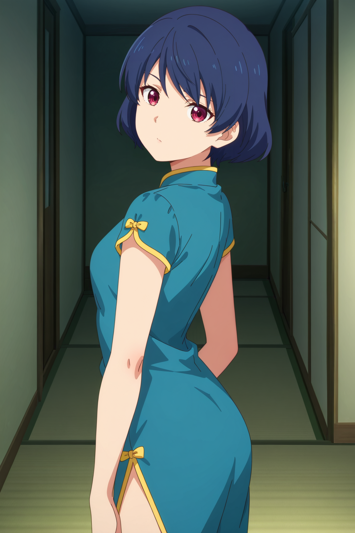 masterpiece, best quality, absurdres, highres, source anime, very aesthetic, BREAK, anime coloring, anime screencap,
 <lora:tachibana_rui_v1-illustrious:1>, 1girl, tachibana rui, domestic na kanojo, pink eyes, blue hair, short hair, 
BREAK, looking at viewer, standing, 
BREAK,âââ   distracted, aloof, oblivious, twisted torso, chinese clothes