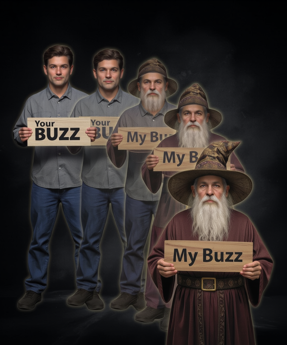 animorph, man holding sign saying "Your BUZZ" morphing into an old wizard with a sign that reads "My Buzz", step-by-step transformation, dark background. The wizard has a long white beard and wears a large brimmed wizard's hat