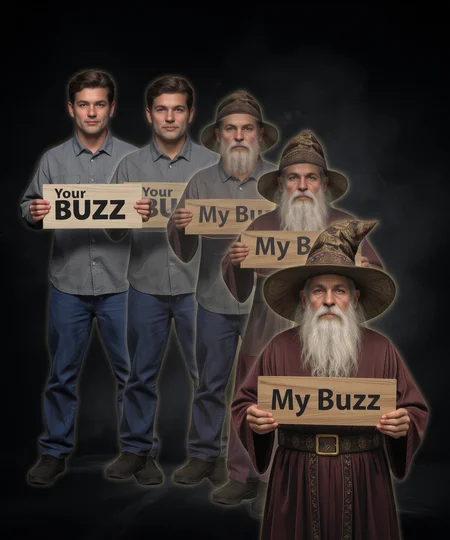 animorph, man holding sign saying "Your BUZZ" morphing into an old wizard with a sign that reads "My Buzz", step-by-step transformation, dark background. The wizard has a long white beard and wears a large brimmed wizard's hat