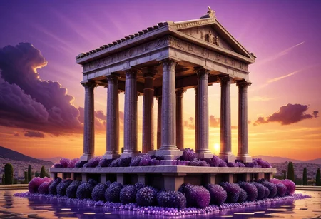 photo realistic,  roman temple, sunset, amethyst statue of zeus