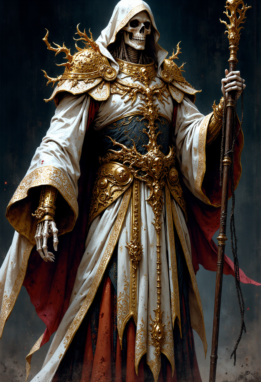 mythp0rt, fantasy painting of an evil male lich in an opulent but worn out white baroque dress with tan and brown accents and a crinoline. an undead skeleton necromancer holding a magic scepter. A grimoire hangs chained to his leather belt. evil laughter. he's wearing a , jewelry, metal pauldrons. skeleton hands. cel shading, dark fantasy, full length portrait, ancient, weathered, worn out clothing, dusty, dirty, rugged, dark background
<lora:FluxMythP0rtr4itStyle:1>
