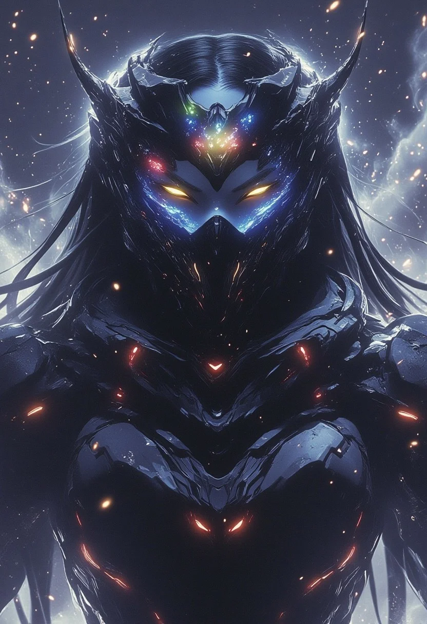 highly detailed digital illustration, abyssal, cyberpunk.
three-quarter angle. succubus wearing a futuristic elite combat armor. the large visor with colorful vibrant reflections on it partially obscure her pale blue face with pointy ears and fangs. she looks strained, as if in the middle of an exhausting physical activity. her armor is highly detailed, seems to be a mix of police and military high tech material, with matte black colors and polished red accents.
the dust and glitter around her is billowing upwards, an effect of gravity defying tech.