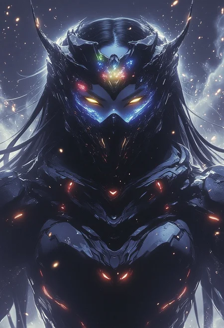 highly detailed digital illustration, abyssal, cyberpunk.
three-quarter angle. succubus wearing a futuristic elite combat armor. the large visor with colorful vibrant reflections on it partially obscure her pale blue face with pointy ears and fangs. she looks strained, as if in the middle of an exhausting physical activity. her armor is highly detailed, seems to be a mix of police and military high tech material, with matte black colors and polished red accents.
the dust and glitter around her is billowing upwards, an effect of gravity defying tech.