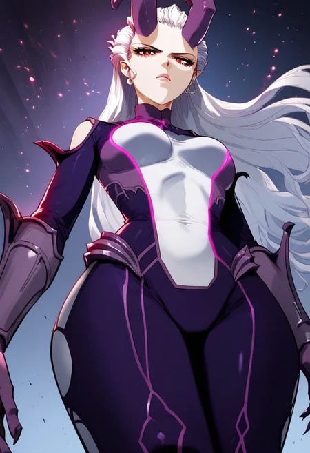 zPDXL2, score_9_up, score_8_up, score_7_up, (Anime_source), high detail face, best quality, absurd res, 1girl, IsabellaOsa, red eyes, white hair, long hair, Queen clothes, demon horns, looking at viewer, cowboy shot, from below, dutch angle, glowing, particles
