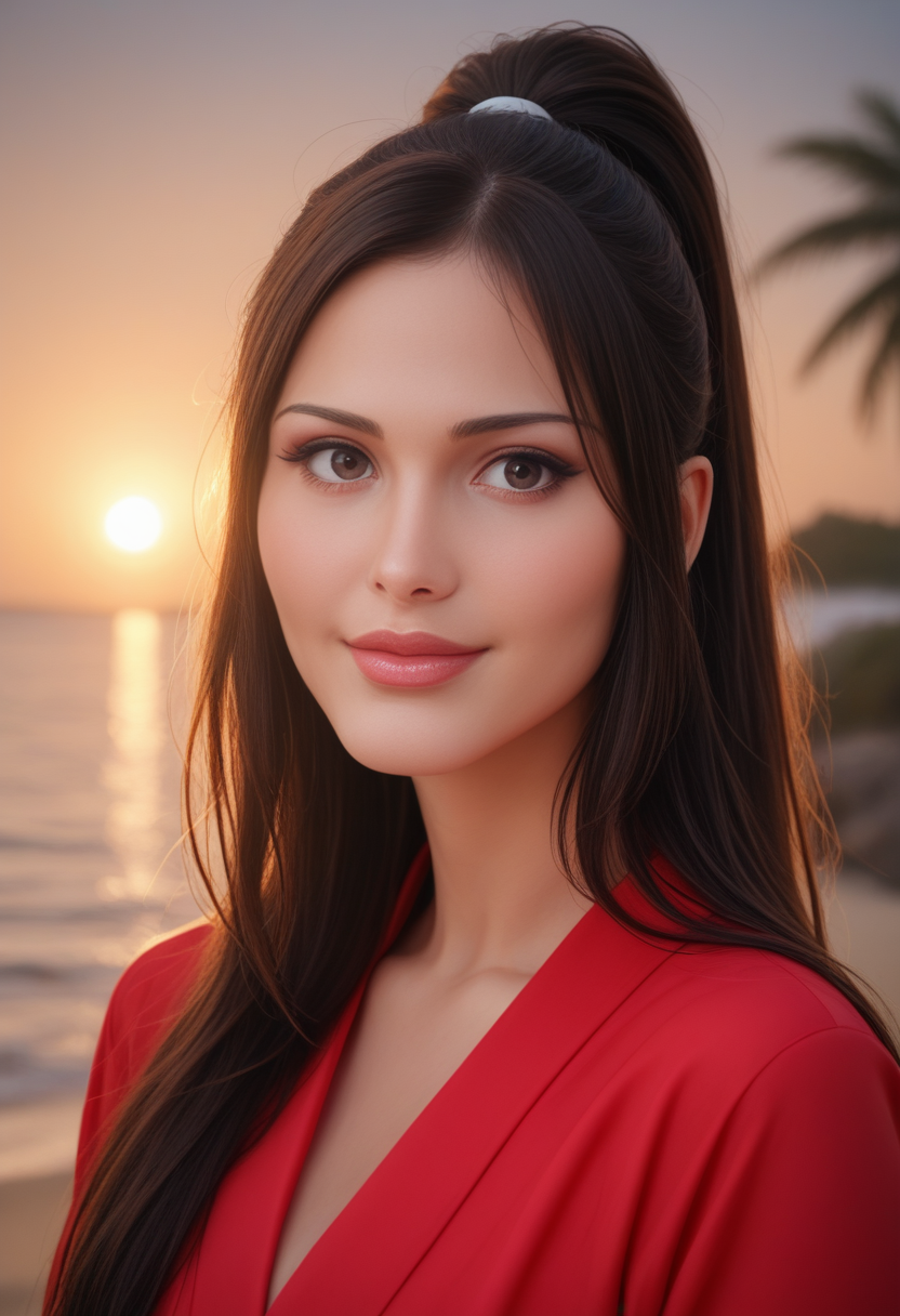 score_9, score_8_up, score_7_up, Patricia Araujo, Patricia4r4ujo, <lora:Patricia4r4ujo-000008-pony:1>,    cinematic, ultra detailed, portrait, 1girl, makeup, lips, long hair, high ponytail, bangs, dark hair, big lips, wearing red kimono, tropical, ascott, solo, looking at viewer, bokeh, focus, film, velvia, artistic, best quality, photograph, focus, face focused, magic hour, photography, warm light, sunset, movie still,