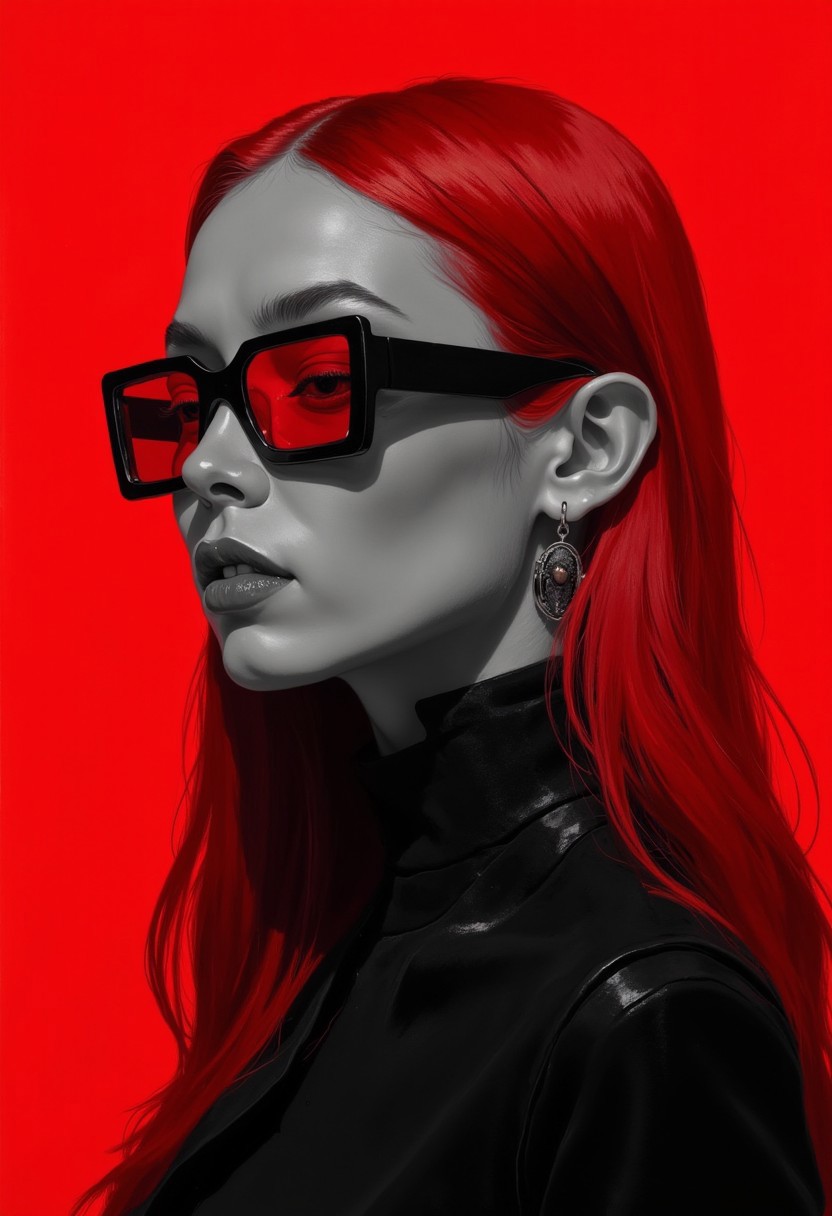 Close-up of a stylized female portrait. 
The figure is rendered in a grayscale palette, with a deep red color for clothing and hair, set against a vibrant red background.  The woman has long, red hair that falls down her back.  Her facial features are defined, with a strong jawline and a confident expression.  She is wearing large, square-framed sunglasses with red lenses.  The sunglasses are a noticeable feature, contrasting sharply with the surrounding dark tones. 
A turtleneck-style top is visible, further enhancing the silhouette.  The overall style is fashion-forward and somewhat dramatic, emphasizing form and contrast against the background. The figure is presented in a three-quarter profile view.
DB4RZ, DB4RZ style painting