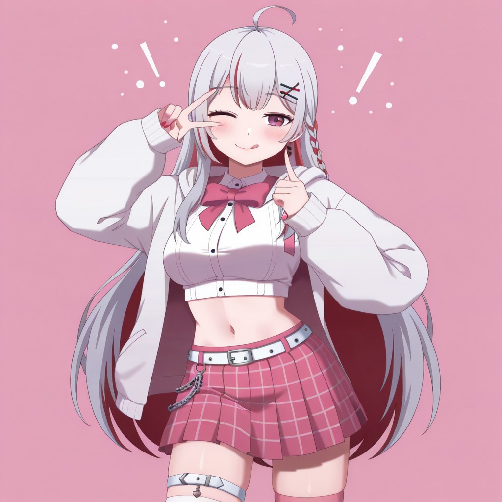 lazypos, girl focus, 1girl, virtual youtuber, skirt, streaked hair, tongue, multicolored hair, white jacket, one eye closed, solo, tongue out, long hair, jacket, shirt, navel, hood, white shirt, red hair, earrings, plaid, hair ornament, thighhighs, midriff, plaid skirt, bow, ahoge, hooded jacket, braid, thigh strap, jewelry, grey hair, looking at viewer, open jacket, white hair, x hair ornament, open clothes, pink eyes, bowtie, v, crop top, belt, red eyes, long sleeves, pink skirt, breasts, pleated skirt, blush, ;q, pink bowtie, Kamuoo, BartoStyle