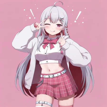 lazypos, girl focus, 1girl, virtual youtuber, skirt, streaked hair, tongue, multicolored hair, white jacket, one eye closed, solo, tongue out, long hair, jacket, shirt, navel, hood, white shirt, red hair, earrings, plaid, hair ornament, thighhighs, midriff, plaid skirt, bow, ahoge, hooded jacket, braid, thigh strap, jewelry, grey hair, looking at viewer, open jacket, white hair, x hair ornament, open clothes, pink eyes, bowtie, v, crop top, belt, red eyes, long sleeves, pink skirt, breasts, pleated skirt, blush, ;q, pink bowtie, Kamuoo, BartoStyle