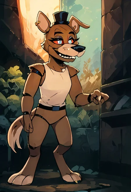 SCORE_9, SCORE_8_UP, SOURCE_FURRY, BREAK, SOLO, HOUNDSONA, BLIND EYES, FEMALE, FURRY, DECREPIT, HOBBLING, freddy, brown fur, DARK CAVE, HIGH RESOLUTION, VIVID TEXTURES, DETAILED PUPILS