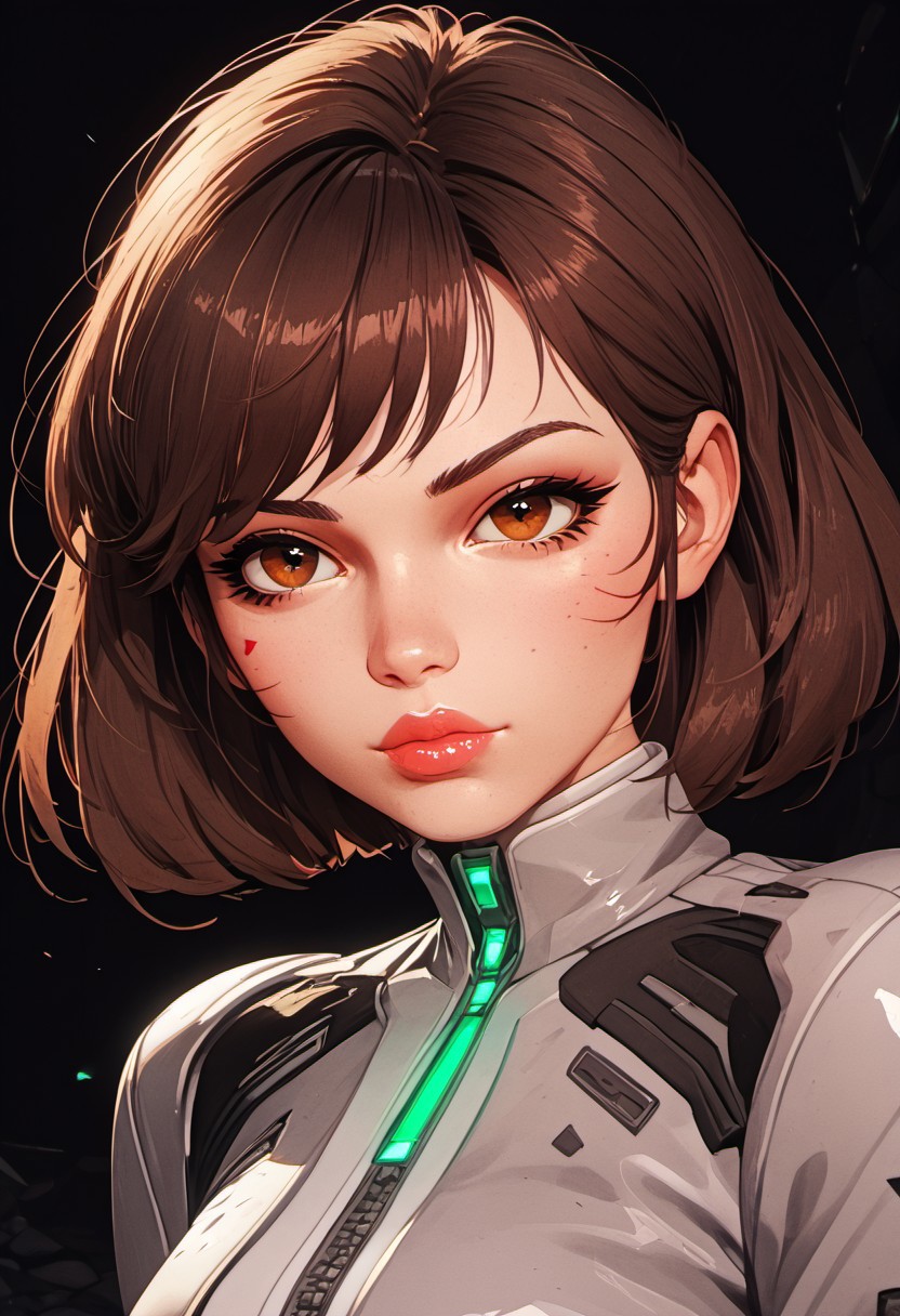((zPDXL3)), score_9, score_8_up, score_8, Science Fiction, Star Wars, perfecteyes, ultra detailed, high resolution, high quality, masterpiece, intricate details, intricate body, intricate landscape, knva, Expressiveh, European Instagram Model, upper body shot, low light, dungeon, ruins, green glow, black background, 
BREAK
1girl, solo, source_cartoon, mature female, dva porsche, d.va (overwatch), brown hair, brown eyes, beautiful, full lips, looking at viewer, closed mouth,
