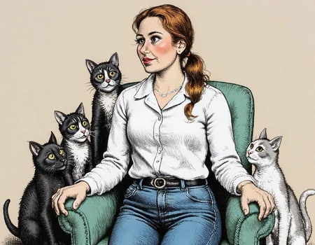a woman sitting in a chair with several cats around her. She is wearing a white shirt and blue jeans, and her hair is pulled back in a ponytail. The cats are of various colors, including black, white, and grey, and they are all looking up at her with curious expressions.r0b3rt_crum8