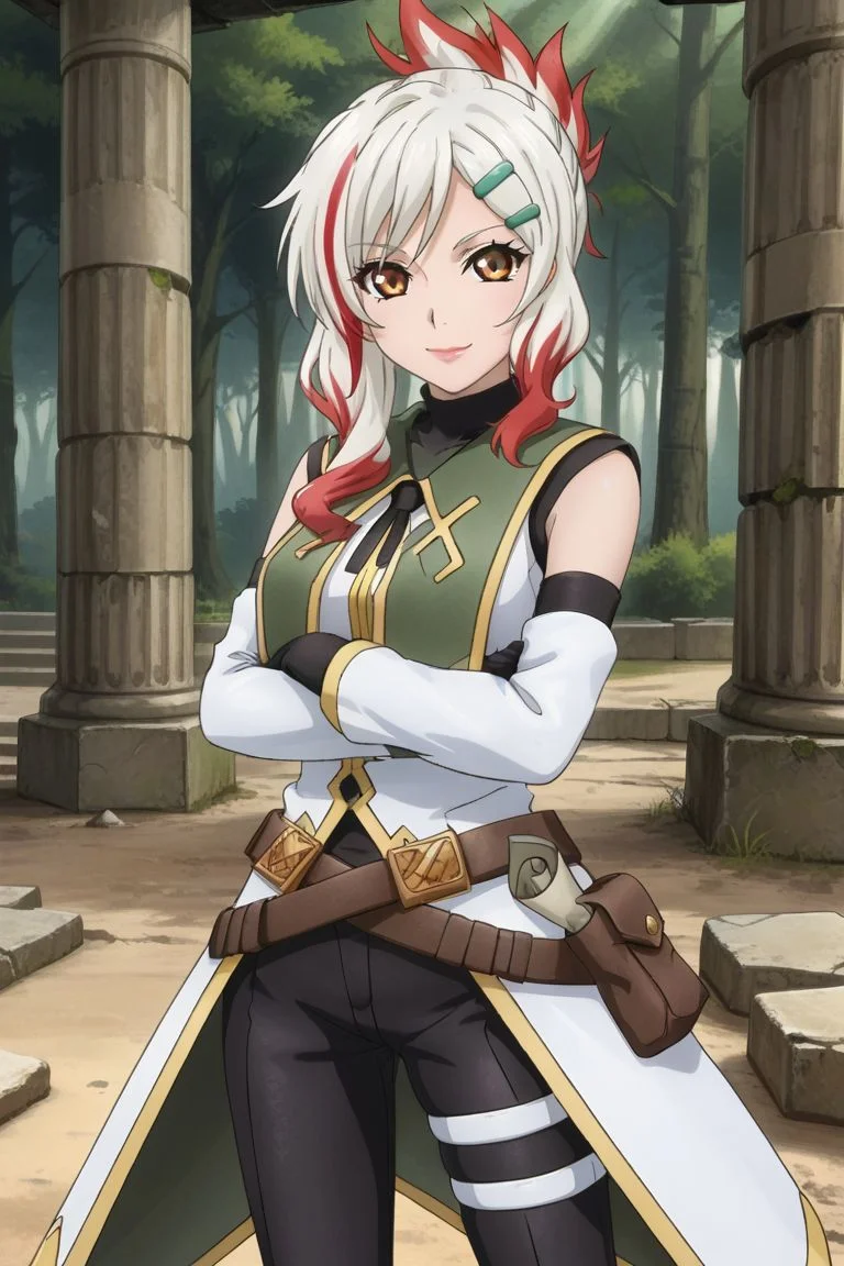 <lora:add-detail-xl:1>source anime, detailed, official art, masterpiece,
<lora:HandFineTuning_XL:1>
BREAK,
ruins, forest,
leaning on the wall, hands crossed, light smile,
BREAK,
togfourier, yellow footwear, brown eyes, elbow gloves, gradient hair, hair ornament, hairclip, lipstick, multicolored hair, white hair, red highlights, coat, sleeveless, short pants, black turtleneck, thigh pouch, belt, black short pants, detached sleeves, black detached sleeves <lora:fourier_pdxl_v01:0.8>
