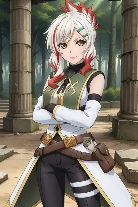 <lora:add-detail-xl:1>source anime, detailed, official art, masterpiece,
<lora:HandFineTuning_XL:1>
BREAK,
ruins, forest,
leaning on the wall, hands crossed, light smile,
BREAK,
togfourier, yellow footwear, brown eyes, elbow gloves, gradient hair, hair ornament, hairclip, lipstick, multicolored hair, white hair, red highlights, coat, sleeveless, short pants, black turtleneck, thigh pouch, belt, black short pants, detached sleeves, black detached sleeves <lora:fourier_pdxl_v01:0.8>